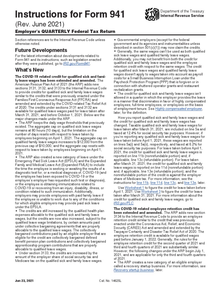 Instructions For Form 941 (Rev. June 2021) 1 PDF Payroll Tax Payroll