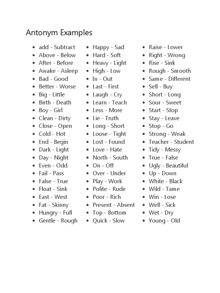 Antonym Examples Pdf