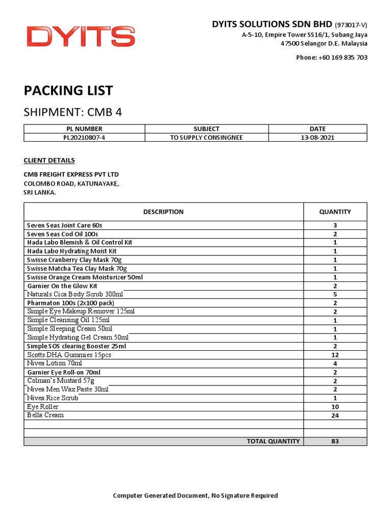 Packing List for CMB Shipment 4 | PDF | Beauty | Cosmetics