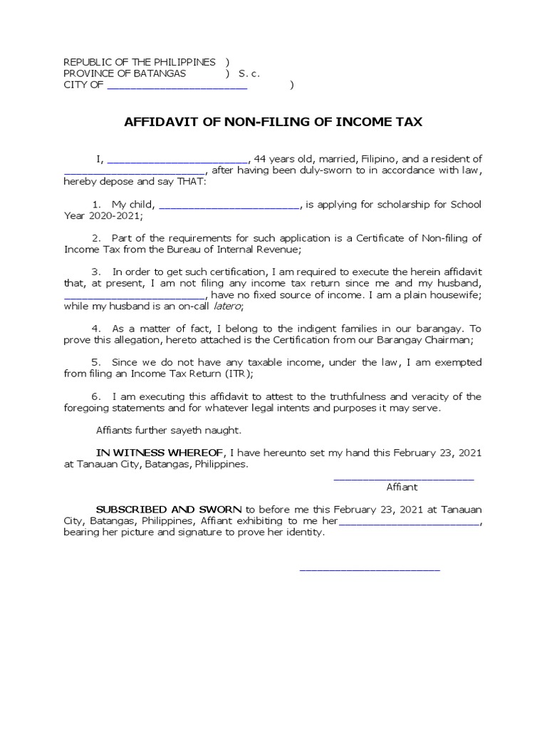 Affidavit of Non Filing of Tax Blank PDF