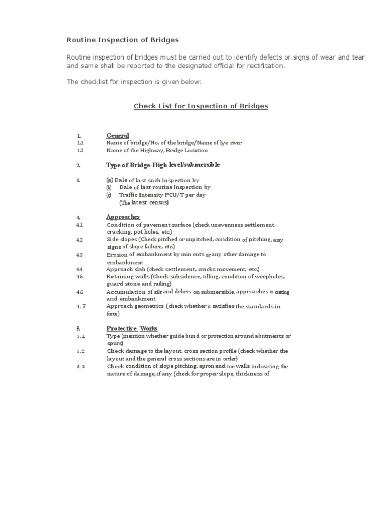 Check List For Inspection of Bridges PDF Wear Bridge