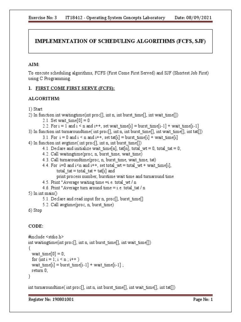Implementation of Scheduling Algorithms (FCFS, SJF) : Register No ...