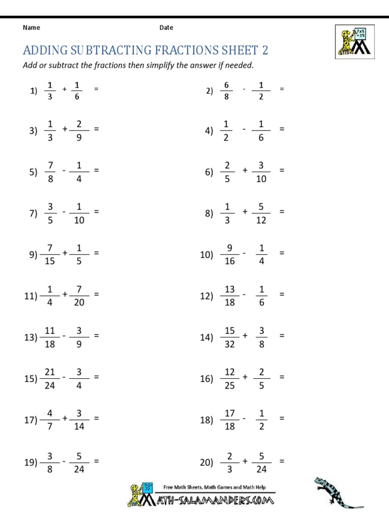 Adding Subtracting Fractions Sheet 2: Add or Subtract The Fractions ...