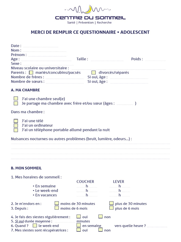 Questionnaire sur le sommeil des ados | PDF | Sommeil | Déterminant de ...