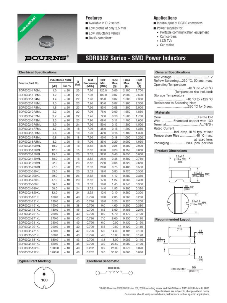 Bourns SDR0302-471KL | PDF | Electrical Components | Computer Engineering
