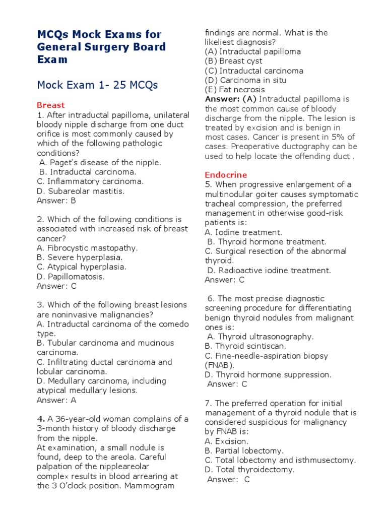 Mcqs Mock Exams For General Surgery Board Exam PDF Esophagus Thyroid