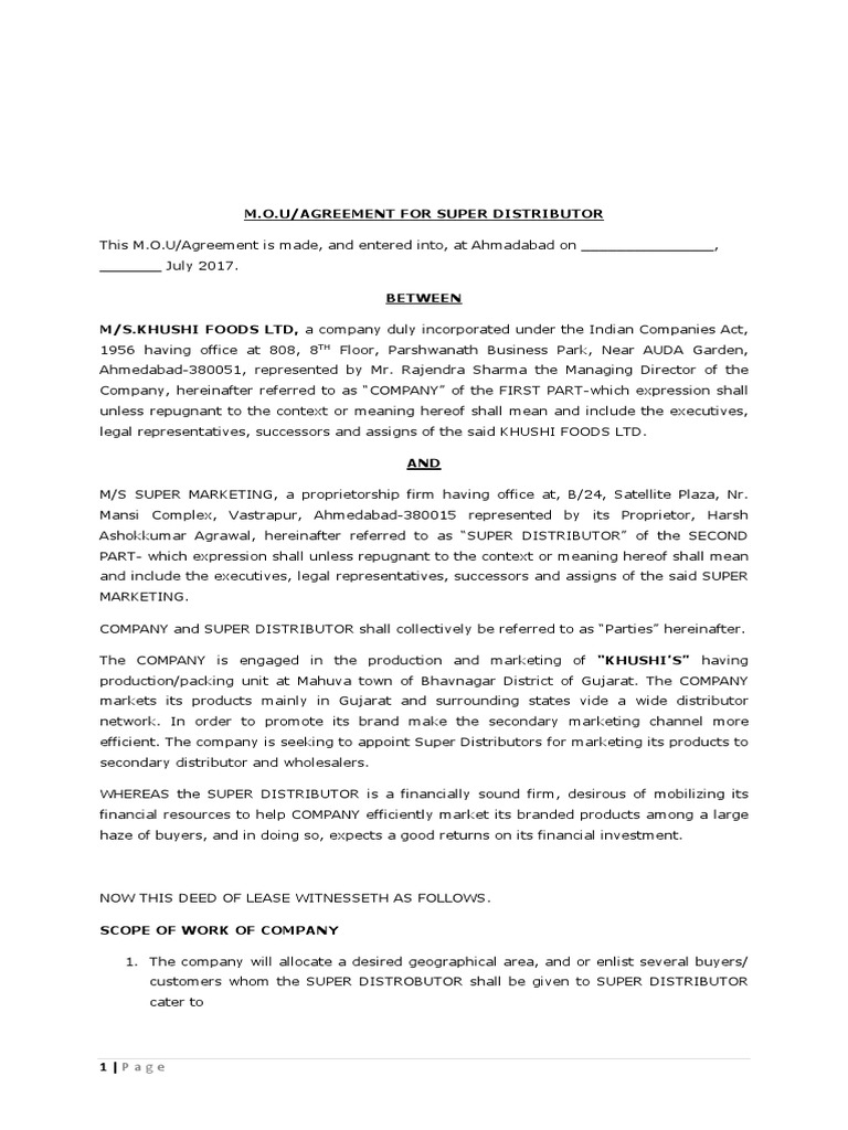 Super Distributor MOU Agreement | PDF | Discounts And Allowances | Business