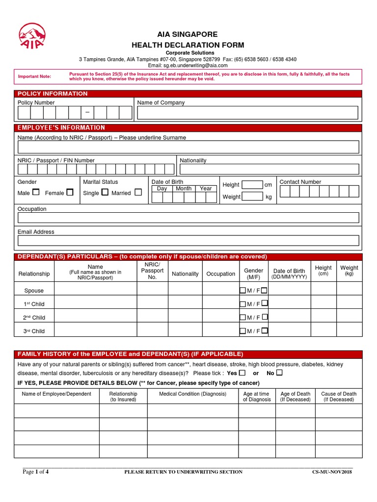 AIA Health Declaration Form | PDF | Insurance | Heart
