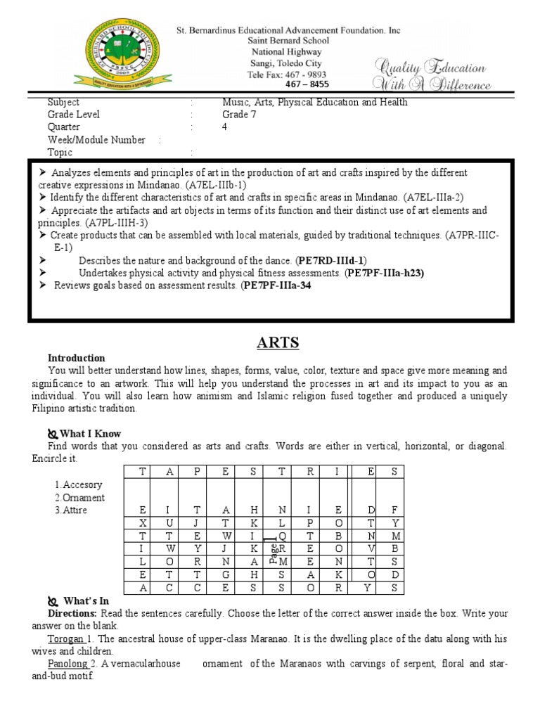 Grade7 Answer Sheet PDF Textiles Philippines