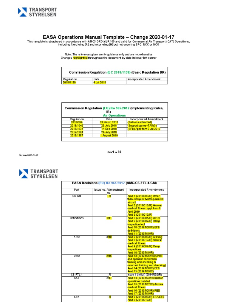 EASA Operations Manual Template 2020 | PDF | Aviation Safety | Aircraft