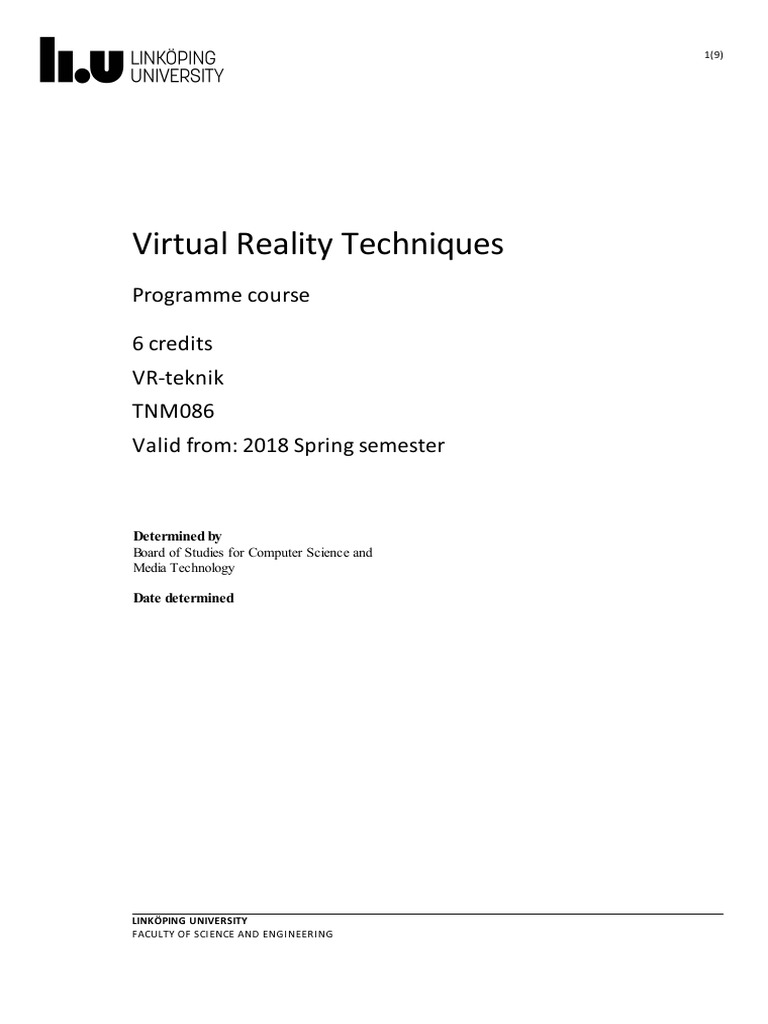 Syllabus Virtual Reality Techniques PDF Virtual Reality Engineering