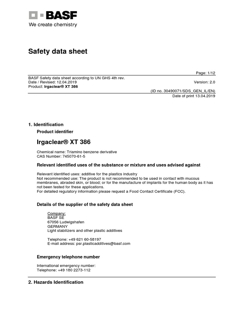Safety Data Sheet: Irgaclear® XT 386 | PDF | Dangerous Goods | Toxicity