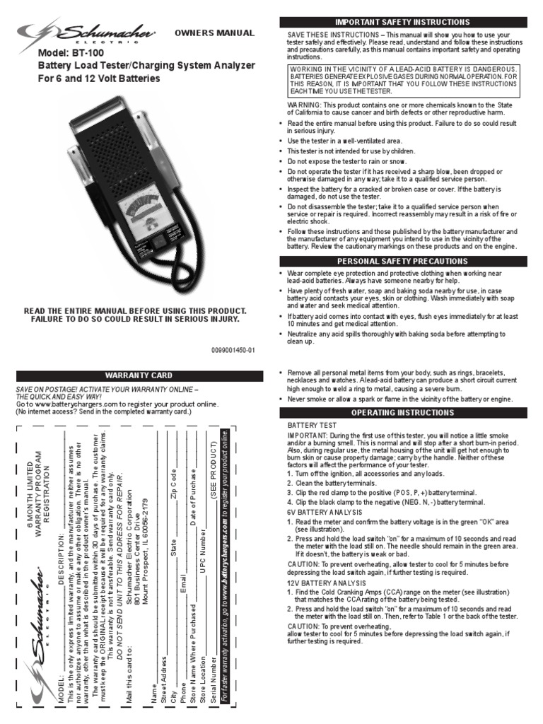 Model bt 100 battery load tester charging system analyzer for 6 and 12