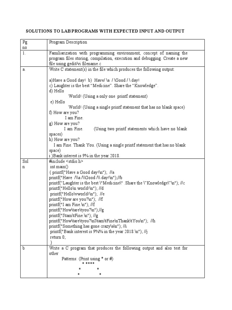 Create A New File Using Gedit/vi Filename.c Solutions To Lab Programs