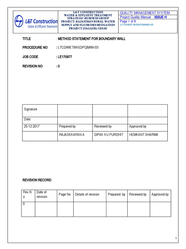 Boundary Wall Construction Method Statement | PDF | Concrete | Mortar ...