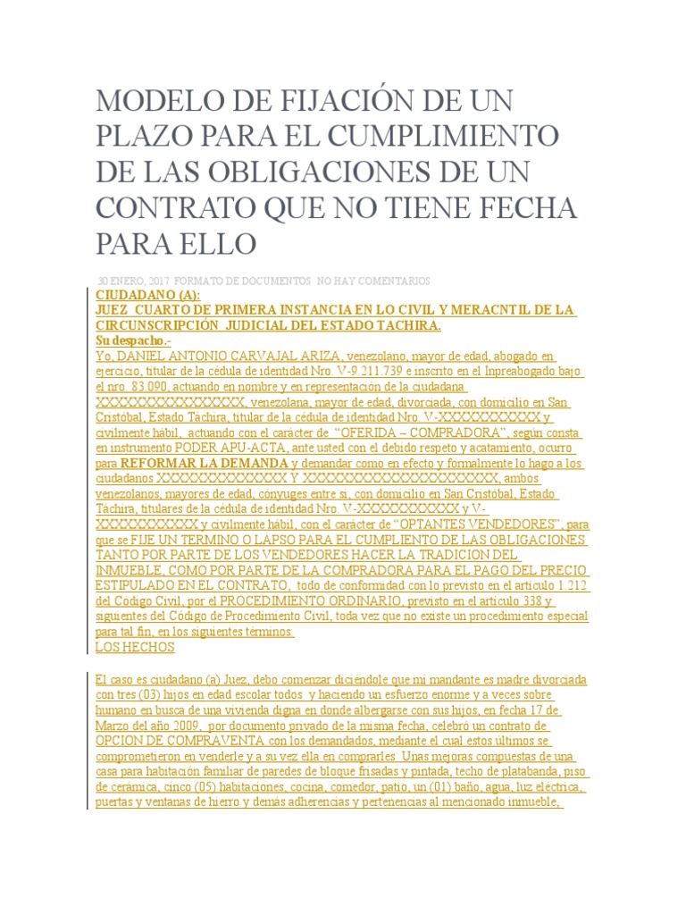 Modelo de Fijación de Un Plazo para El Cumplimiento de Las Obligaciones ...