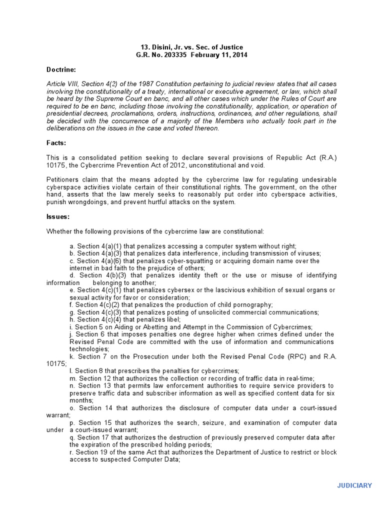 Disini jr vs sec of justice g r no 203335 february 11 2014
