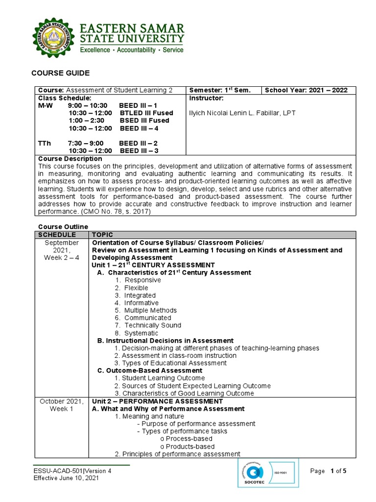 Student Learning Assessment Course Guide | PDF | Educational Assessment ...