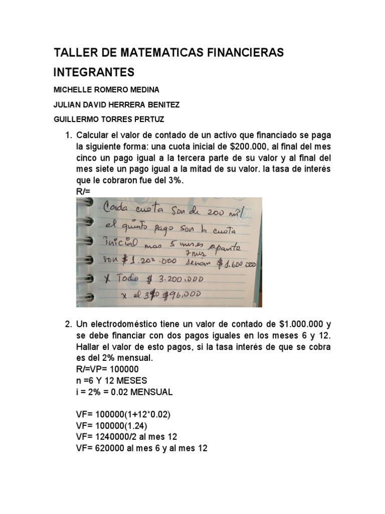 Taller de Matemáticas Financieras | PDF