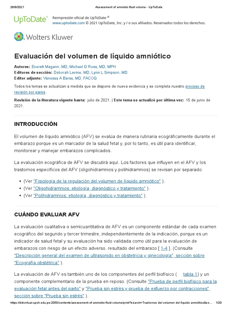 Assessment of Amniotic Fluid Volume - UpToDate | PDF | El embarazo | Parto