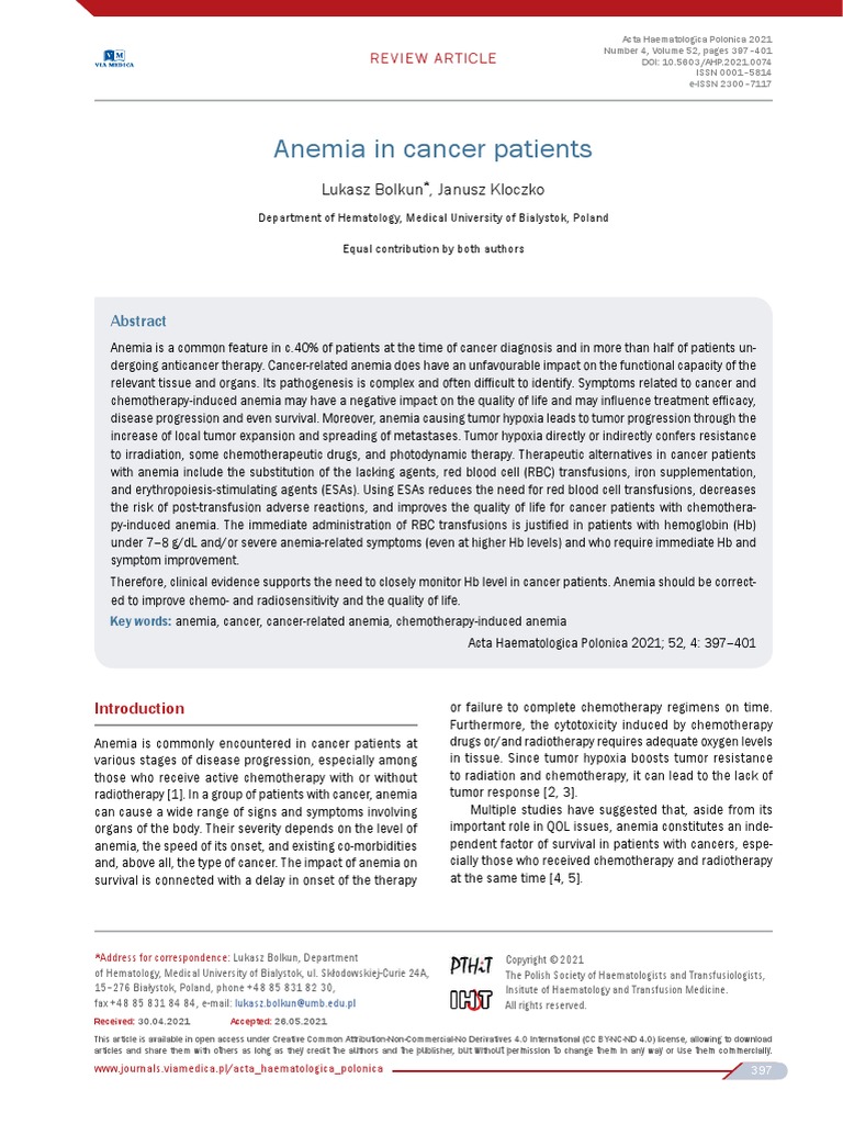 Anemia in Cancer Patients | PDF | Anemia | Chemotherapy