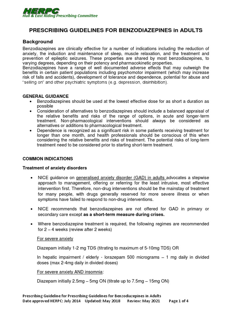 Prescribing Guidelines For Benzodiazepines in Adults Background PDF