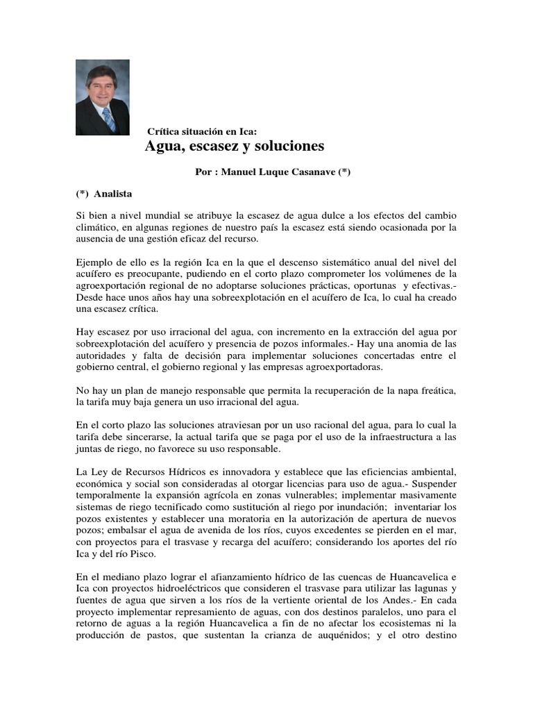 Escasez de agua en Ica: causas y soluciones | PDF | Agua | Riego