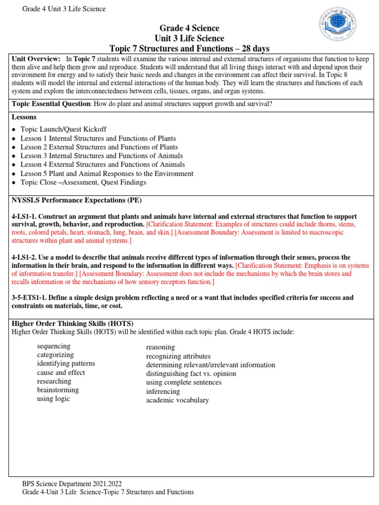 2021.2022 - Grade 4 Topic 7 Structures and Functions Unit 3 Life ...