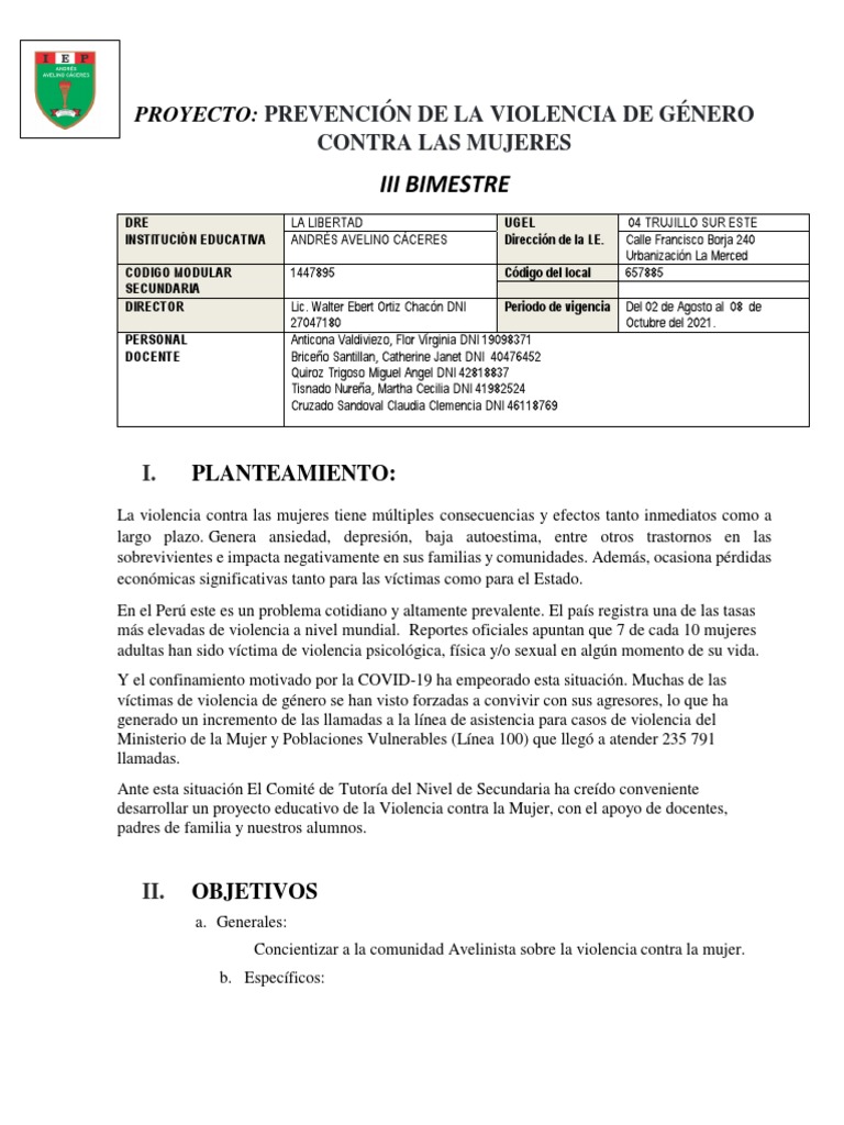 Proyecto de La Violencia Contra La Mujer | PDF | Aprendizaje | La ...