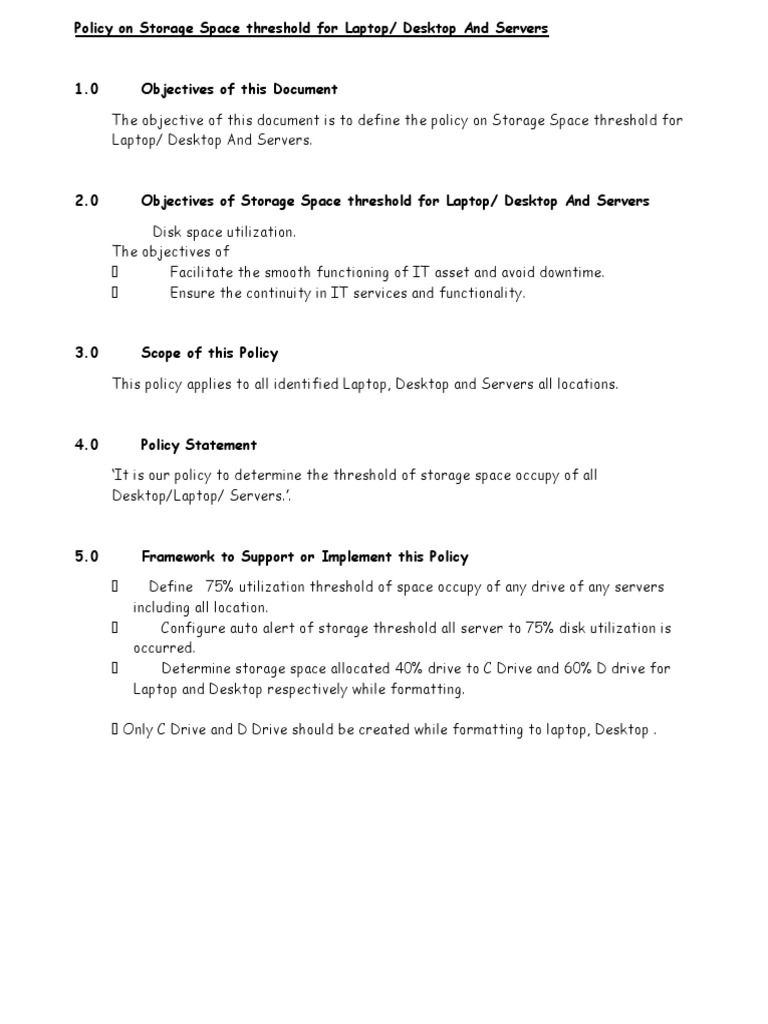 Storage Space Threshold Policy | PDF | Business | Technology & Engineering