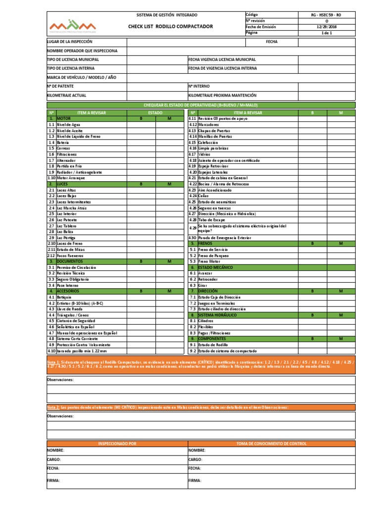 Check List Rodillo Compactador MPM | PDF | Ingeniería de Transporte ...