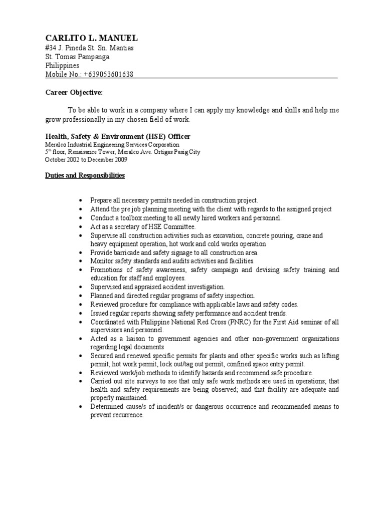 HSE Officer Resume: Carlito L. Manuel | PDF | Occupational Safety And ...