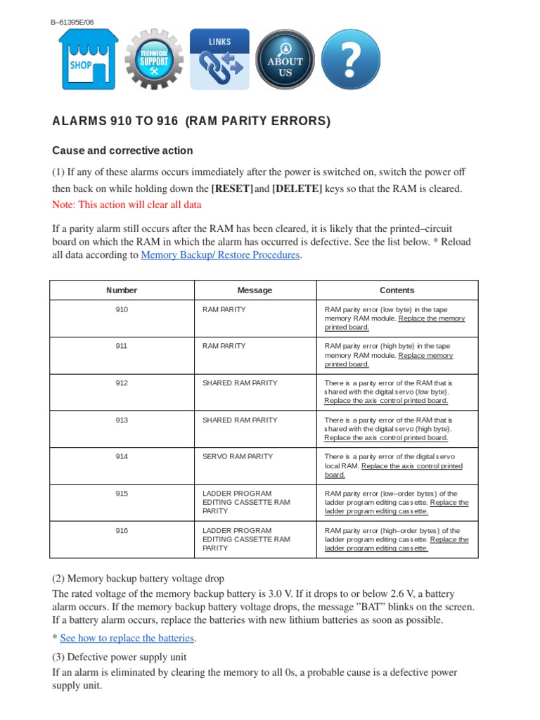 Alarms 910 To 916 (Ram Parity Errors) : Cause and Corrective Action ...