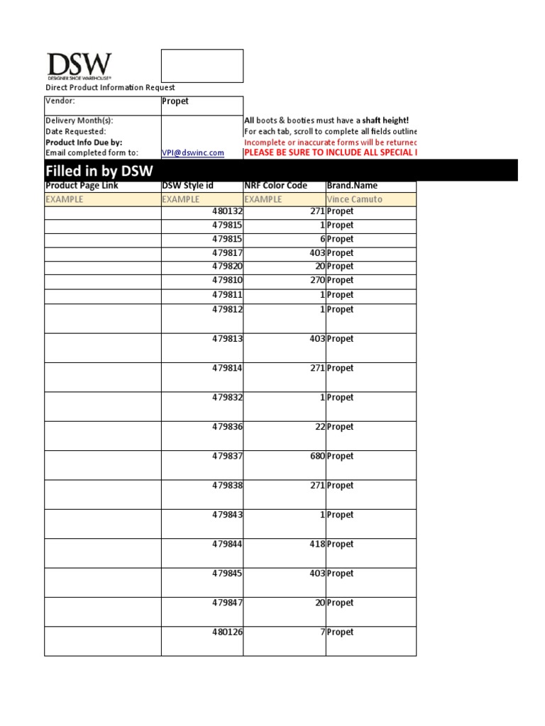 Filled in by DSW Product Page Link DSW Style Id NRF Color Code Brand