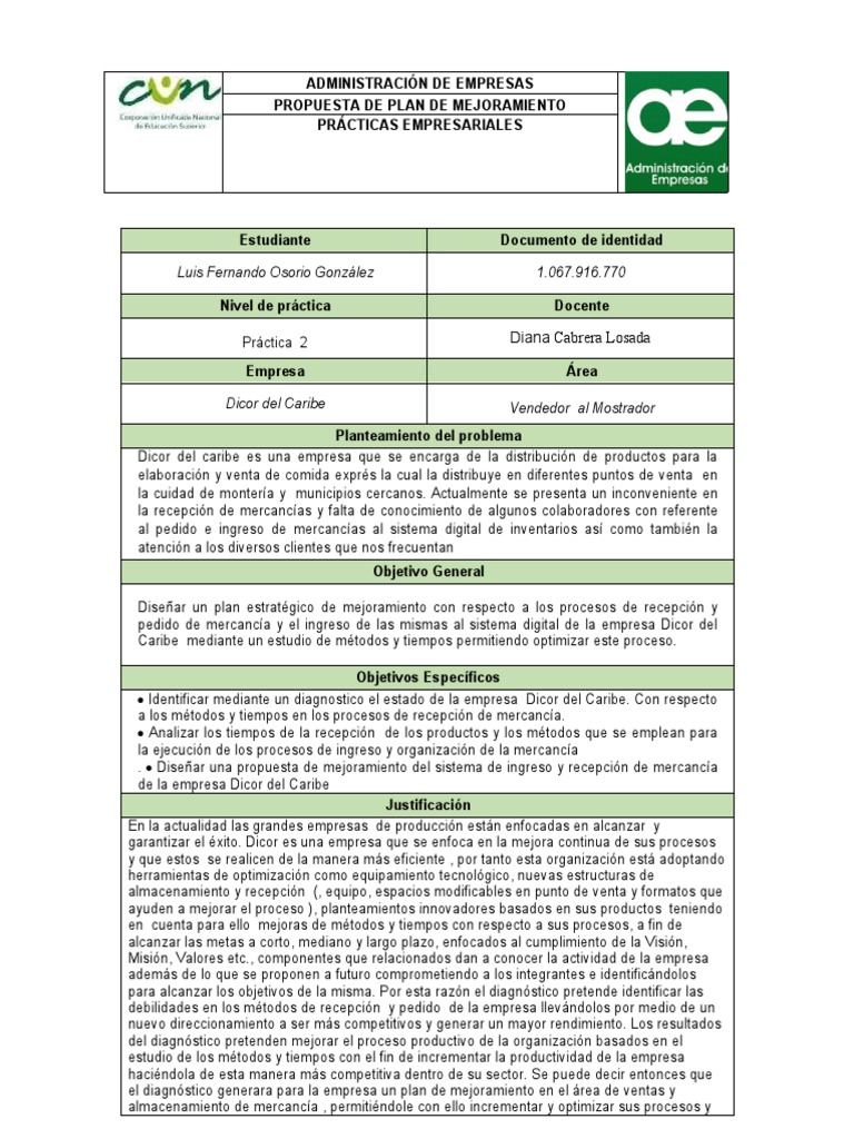 Plan de Mejora para Dicor del Caribe | PDF | Business | Economias