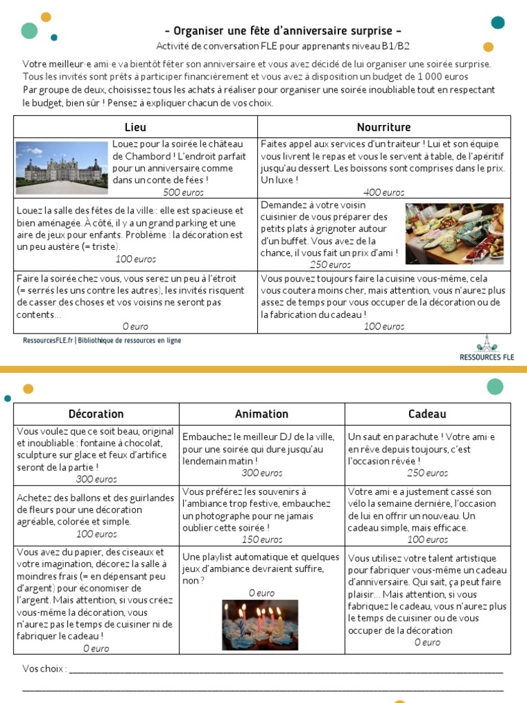 Activite De Conversation Fle B1 B2 Organiser Un Anniversaire Surprise Pdf