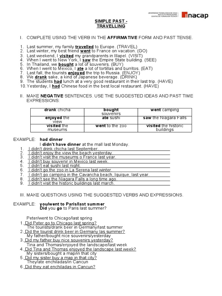 Simple Past Tense: Travel Exercises | PDF | Linguistics | Grammar