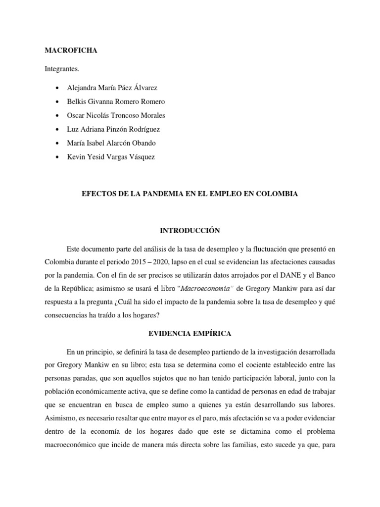 Impacto de la pandemia en el empleo colombiano | PDF | Desempleo ...