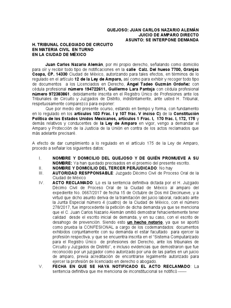 Amparo Directo: Sentencia Civil Impugnada | PDF | Caso de ley | Demanda ...