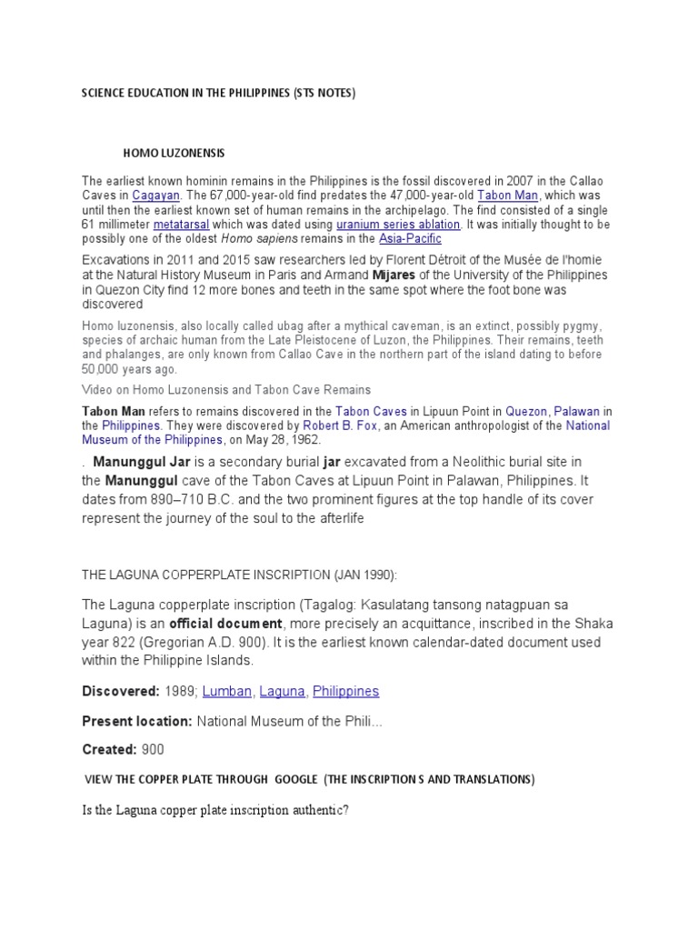 Science Education in The Philippines (Sts Notes) Cagayan Tabon Man