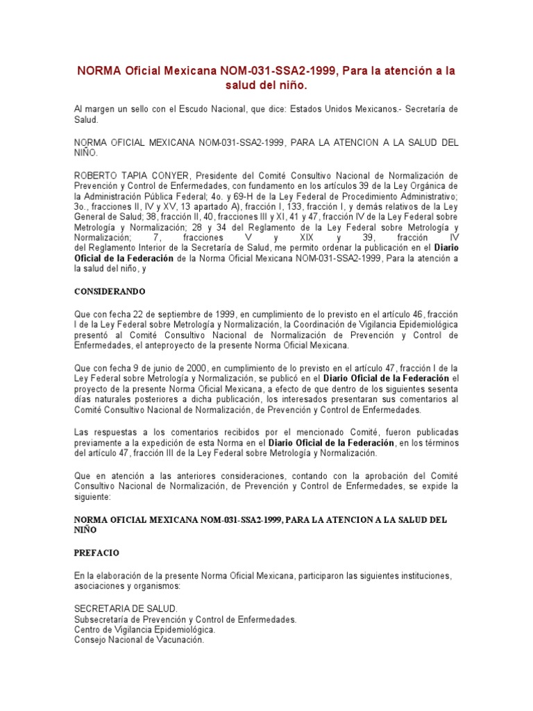 NORMA Oficial Mexicana NOM 031 Menor de 5 Años | PDF | Inmunología ...