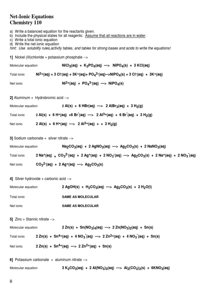 110 WS Net Ionic Eqns Key | PDF | Chloride | Acetate