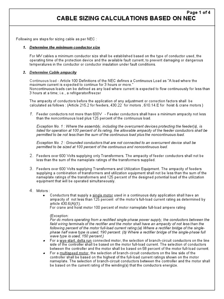 Cable Sizing Calculation Based On NEC PDF Electric Motor Rectifier