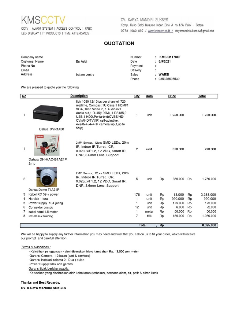 Quotation for Security Camera Installation and Equipment for Bp Asbi