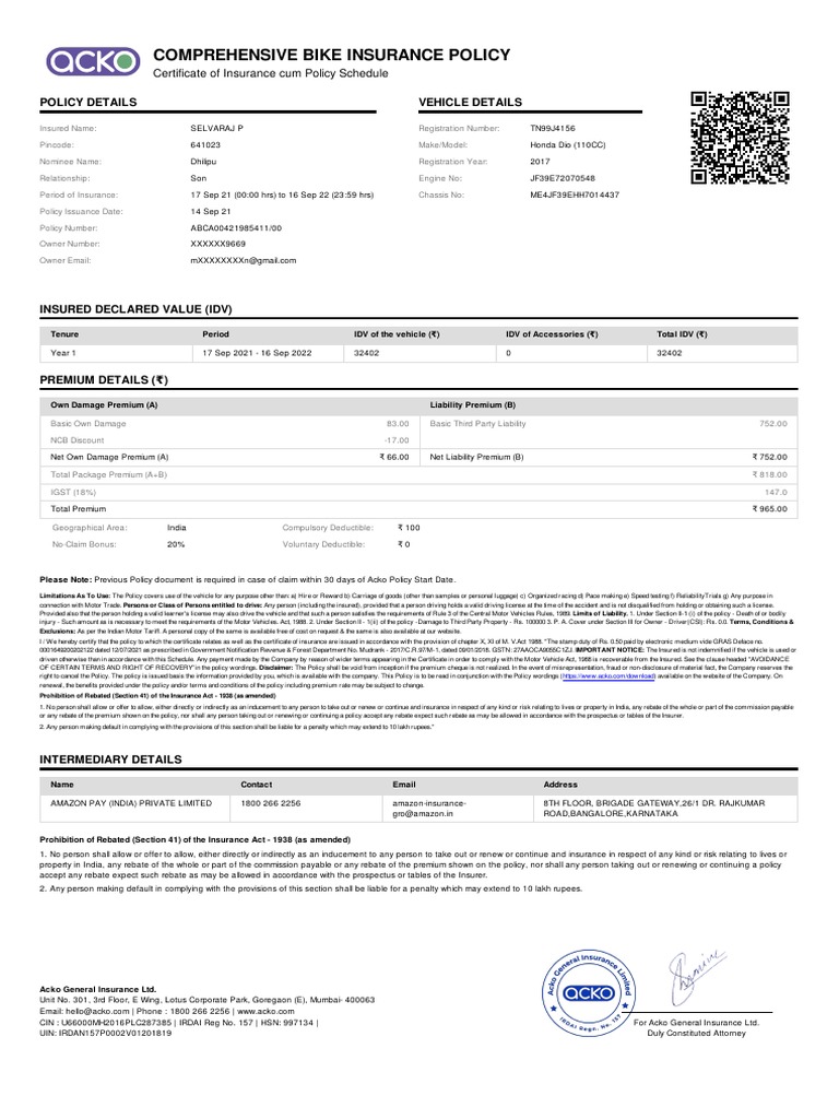 Acko Bike PolicyDocument - ABCA0031696153700 | PDF | Insurance ...