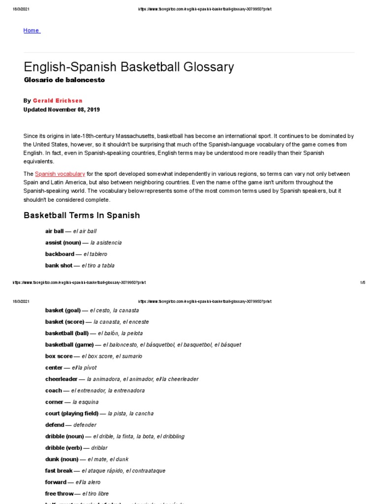 English Spanish Basketball Glossary 3079950 | PDF | Sports | Ball Games