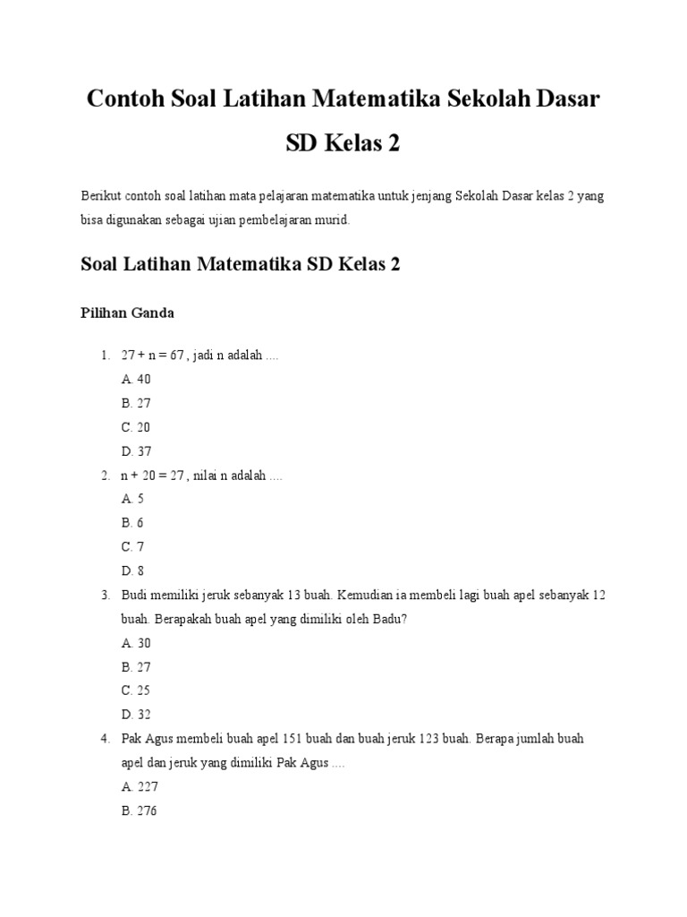 Contoh Soal Latihan Matematika Kelas 2 Sd Sekolah Dasar Pdf