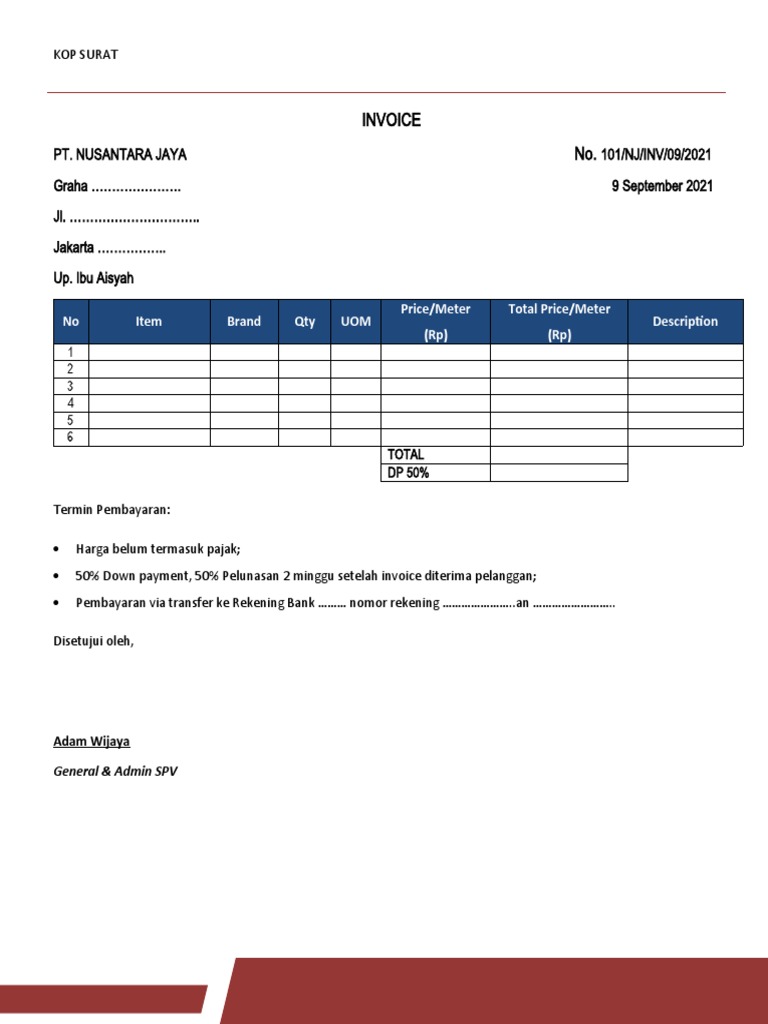 Contoh Invoice DP 50% untuk Pembayaran | PDF