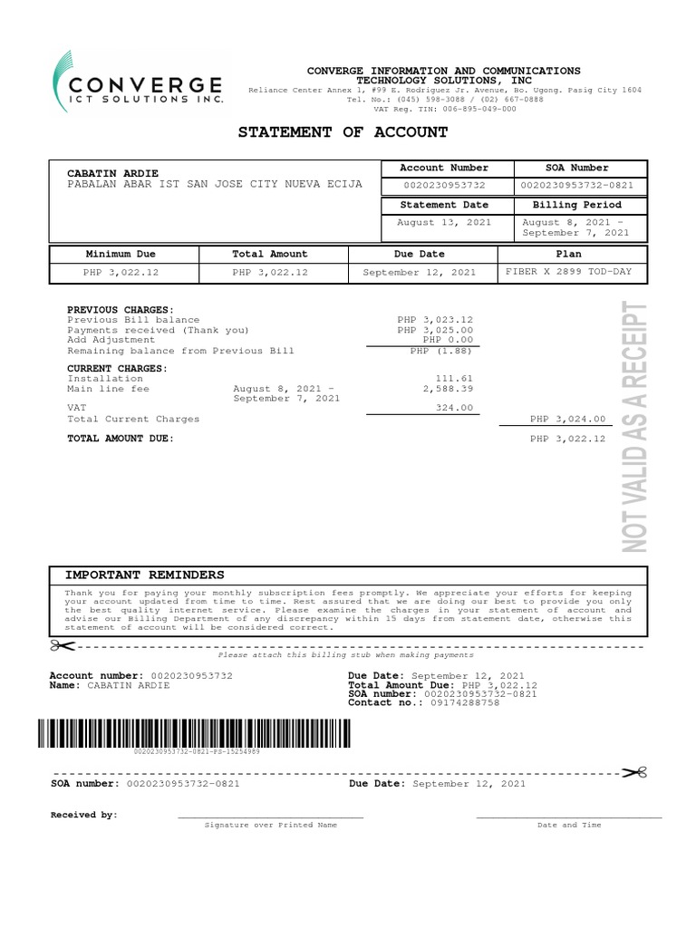 Statement of Account for Fiber Service Provided by Converge