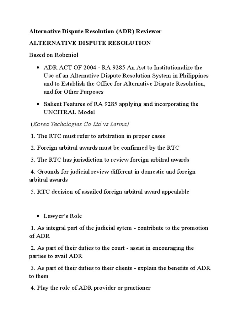 Alternative Dispute Resolution Philippines Reviewer Pdf